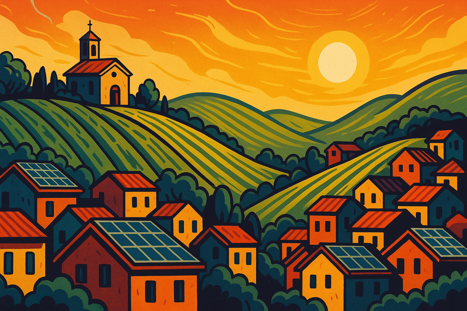 Illustrazione urban di colline con vigneti, oratorio e case con tetti fotovoltaici